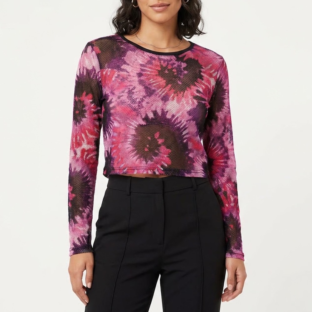 Rouge Collection Womens 1X Pink Purple Tie Dye Floral Sheer Mesh Long Sleeve Top